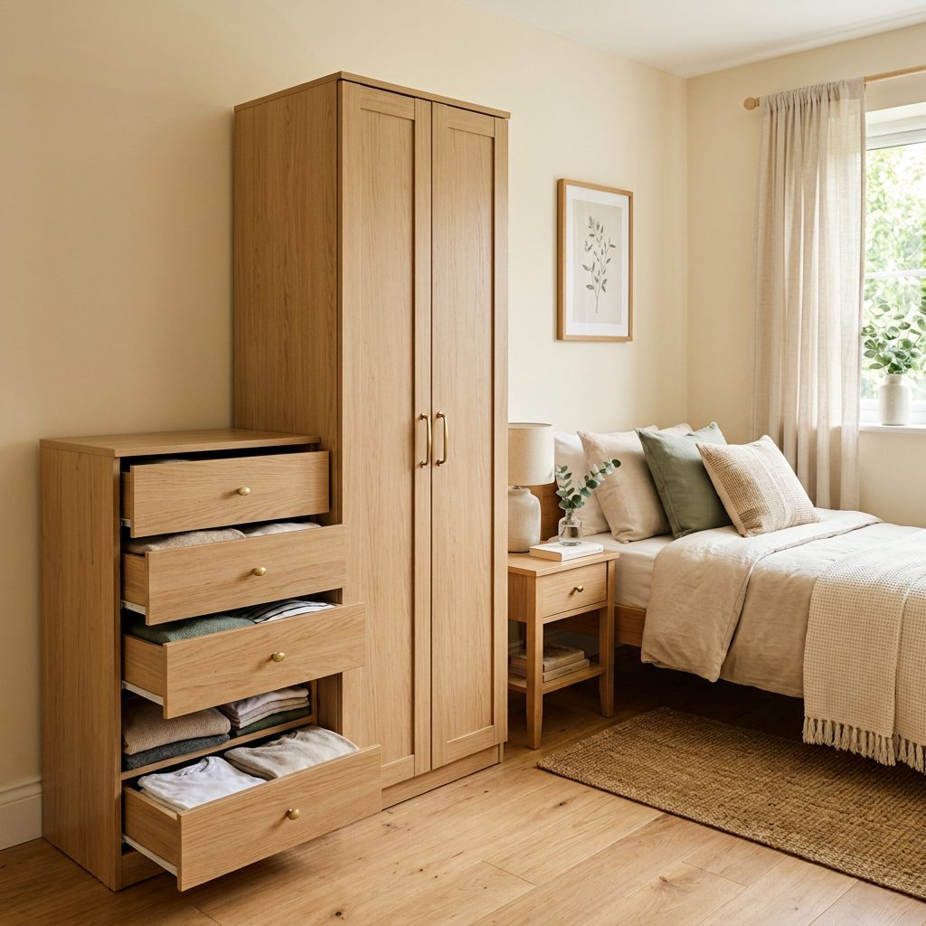 Slim wardrobe and compact dresser for small bedroom clothes storage