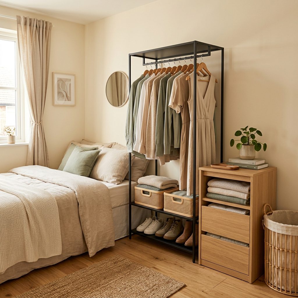 Organized small bedroom with practical clothes storage and clear floor space