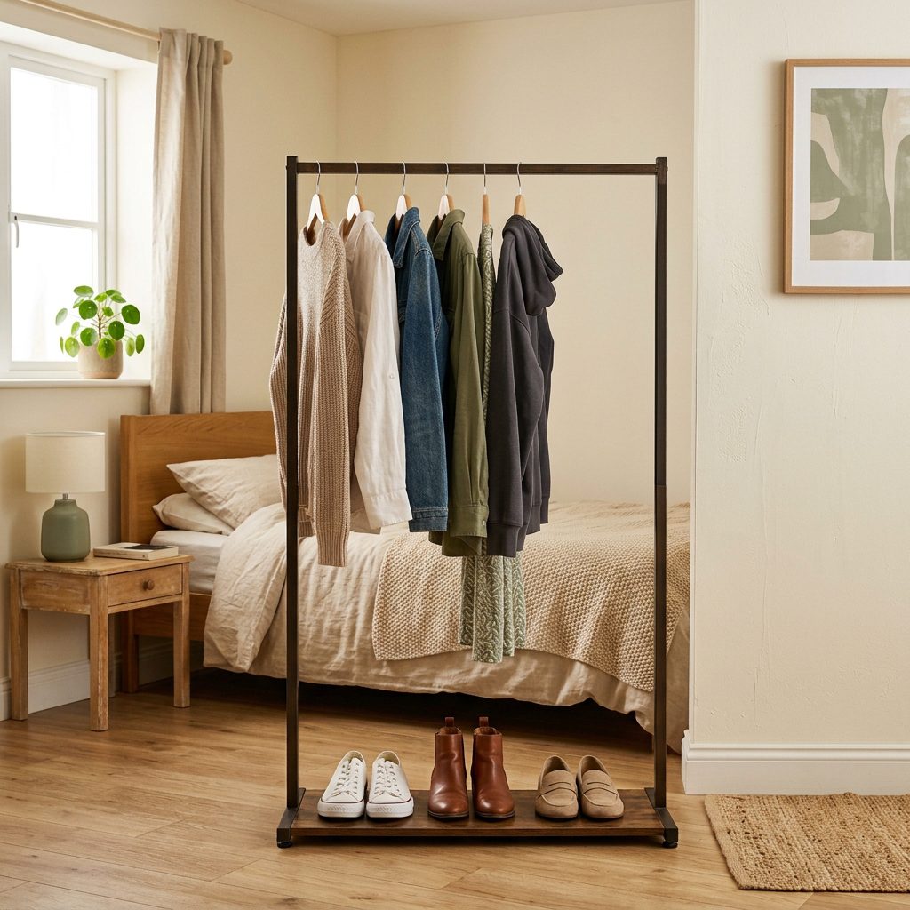 Freestanding clothing rack in a small rental bedroom