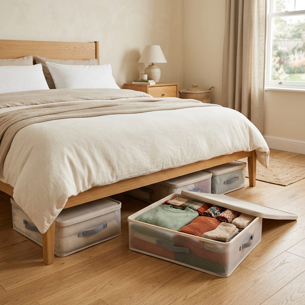 Under-bed storage for seasonal clothing in a rental bedroom