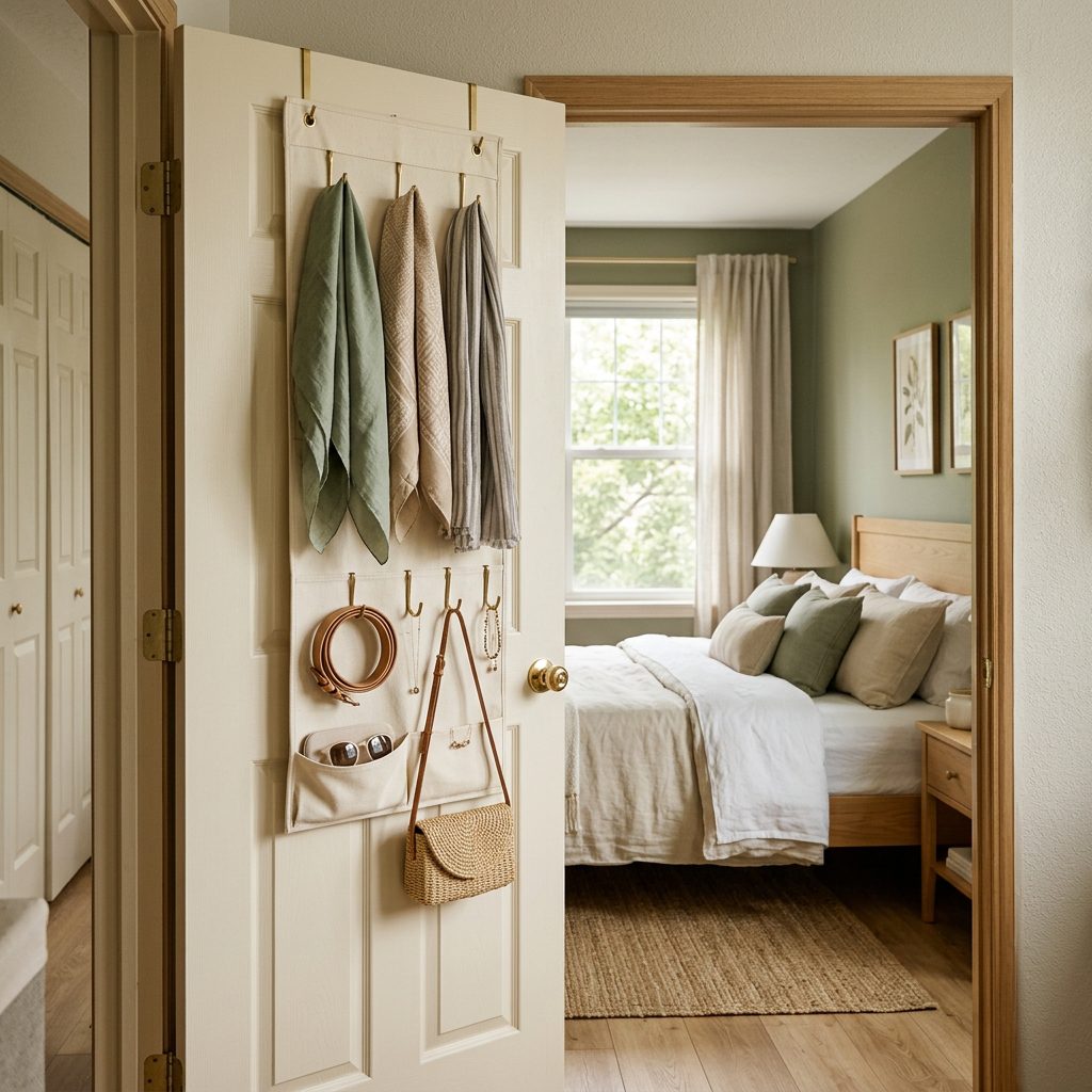 Over-door organizer for lightweight bedroom accessories