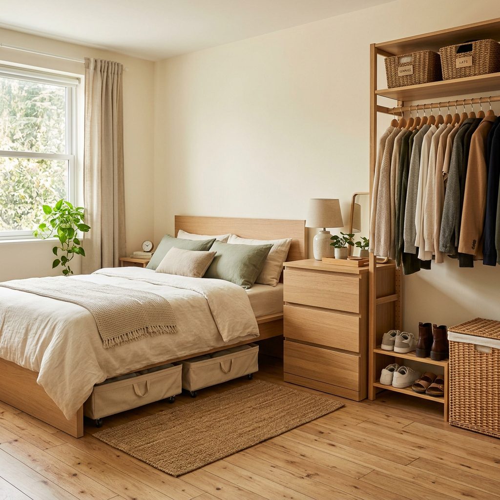 Organized rental bedroom with no-drill storage solutions