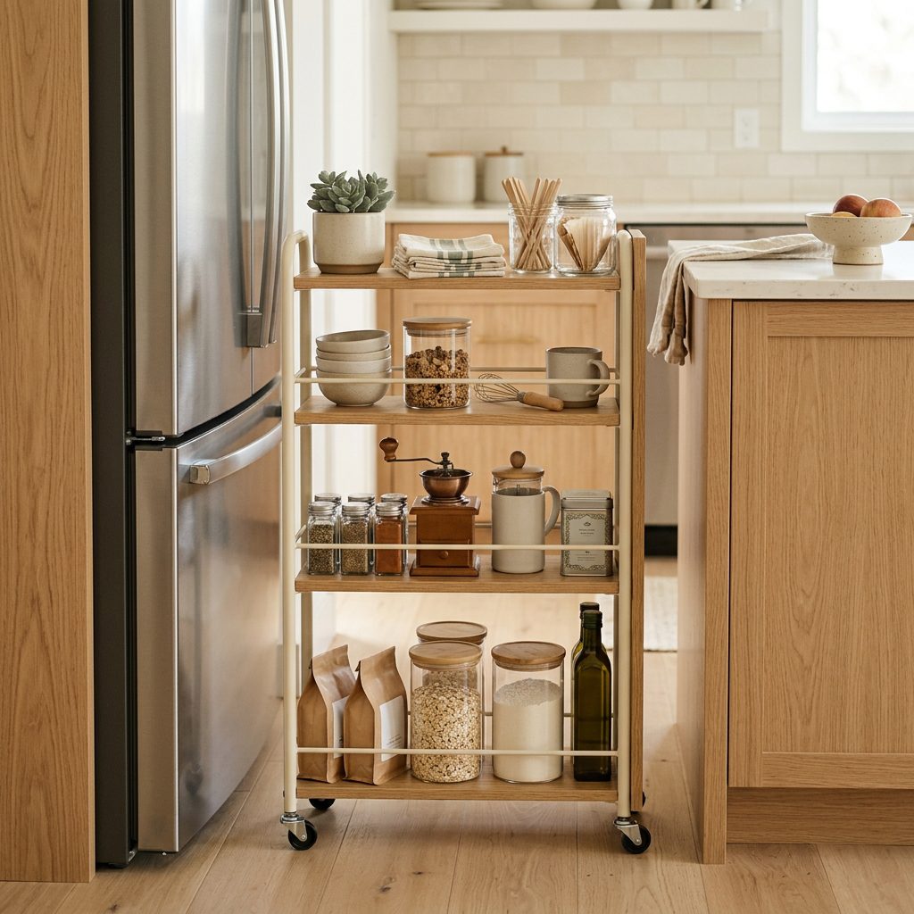 Slim rolling kitchen cart used for storage beside a refrigerator