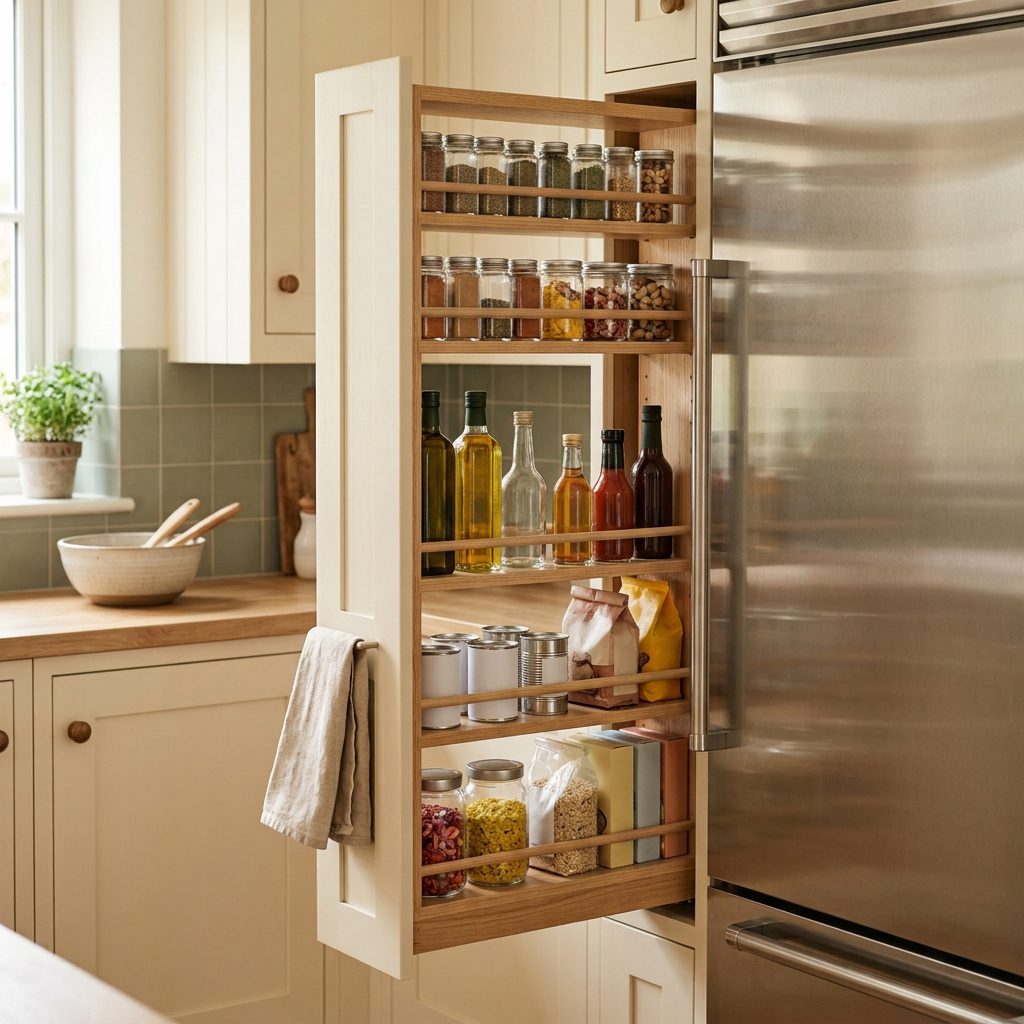 Pull-out organizer using narrow space beside a refrigerator