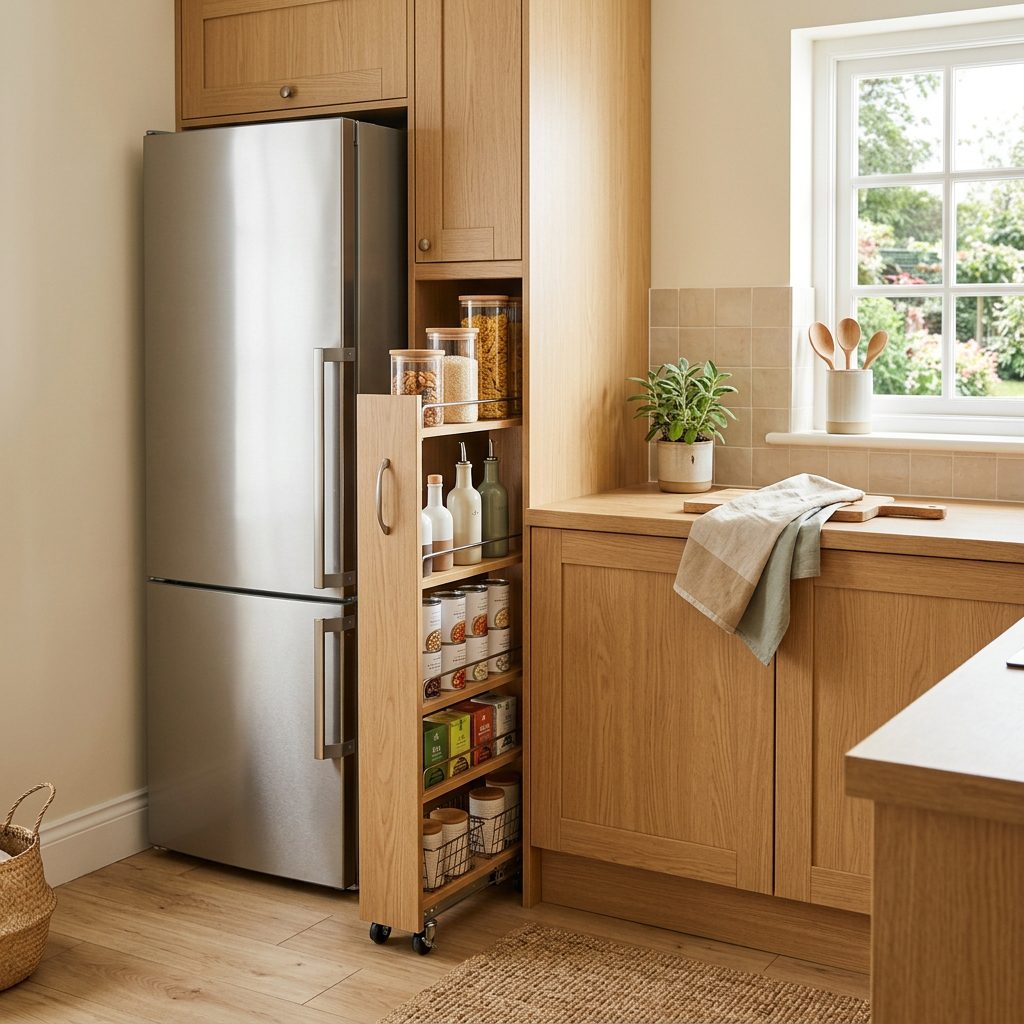 Organized small kitchen using dead space beside the refrigerator