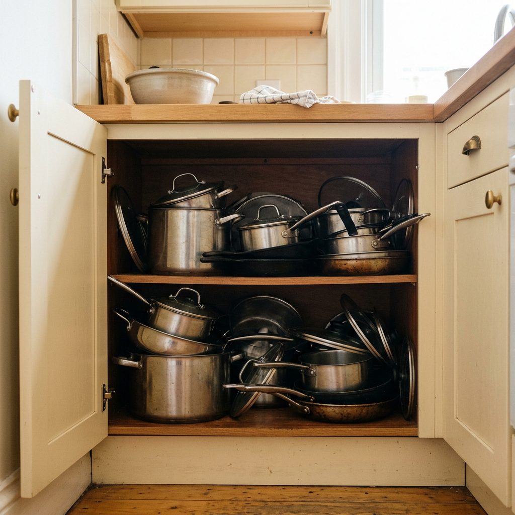 Crowded kitchen cabinet filled with pots and pans