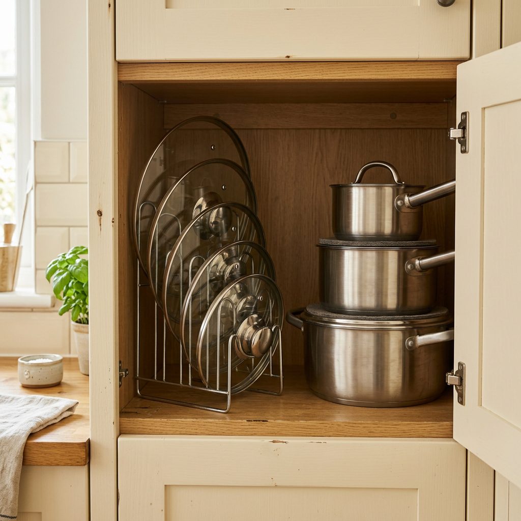 Pot lids organized separately in a small kitchen cabinet