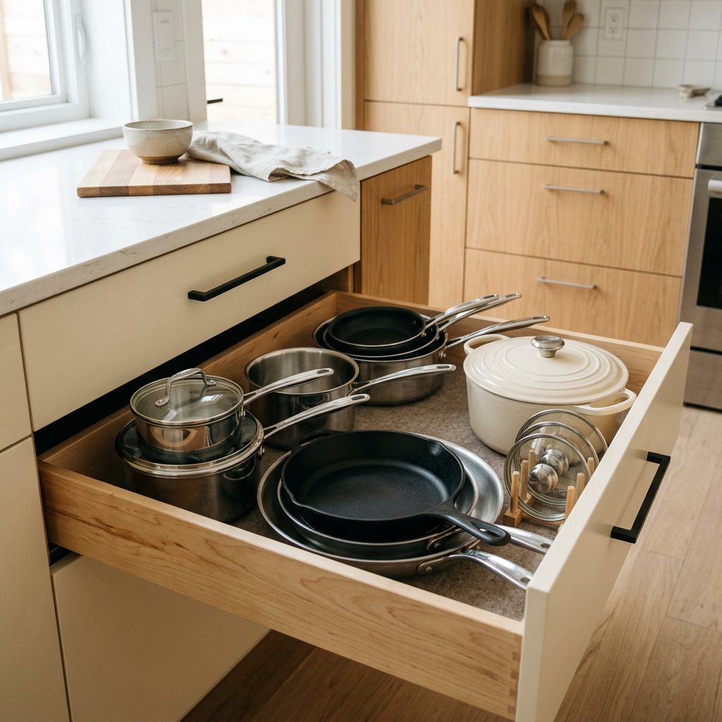 Organized cookware inside a deep kitchen drawer