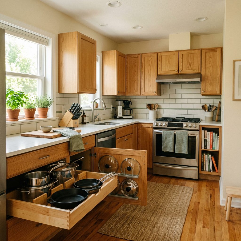 Organized small kitchen with neatly stored pots and pans