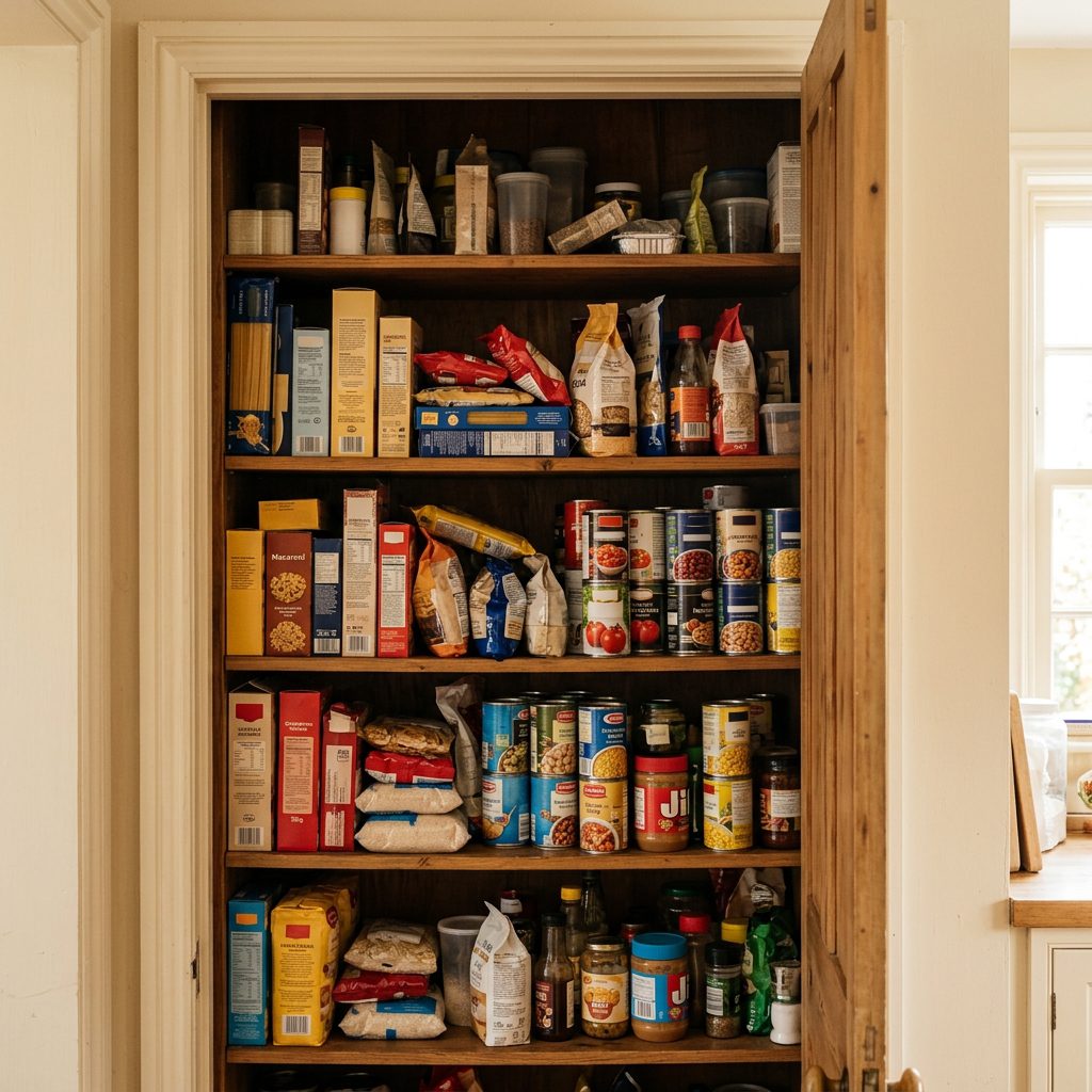 Small pantry with limited shelf space before organization