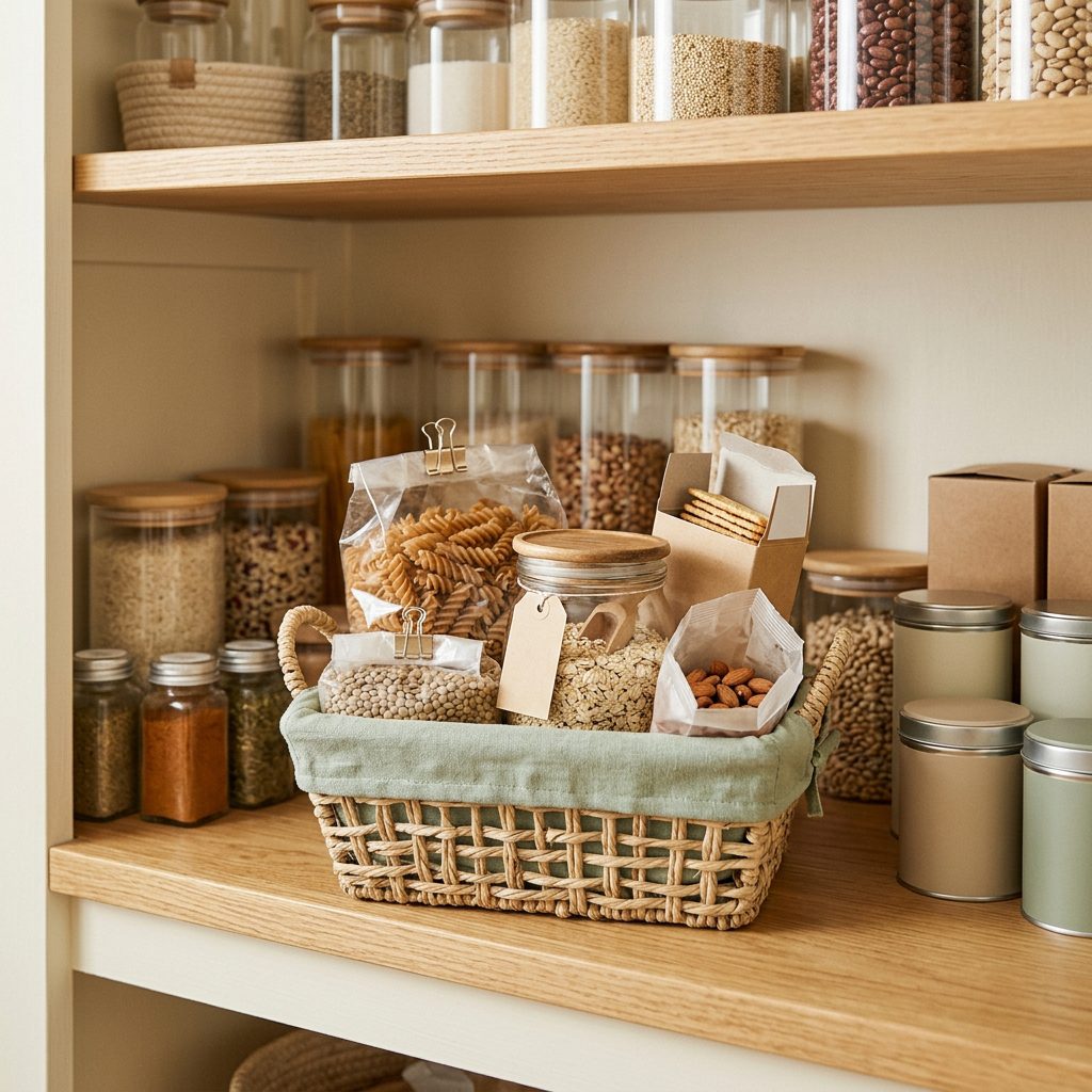 Small pantry shelf with a basket for foods to use first