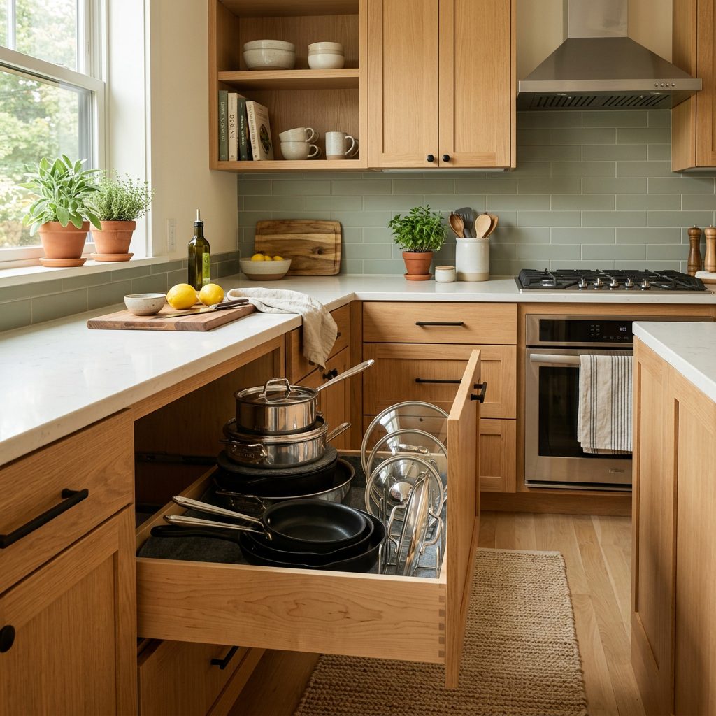 Organized pots and pans in a small kitchen