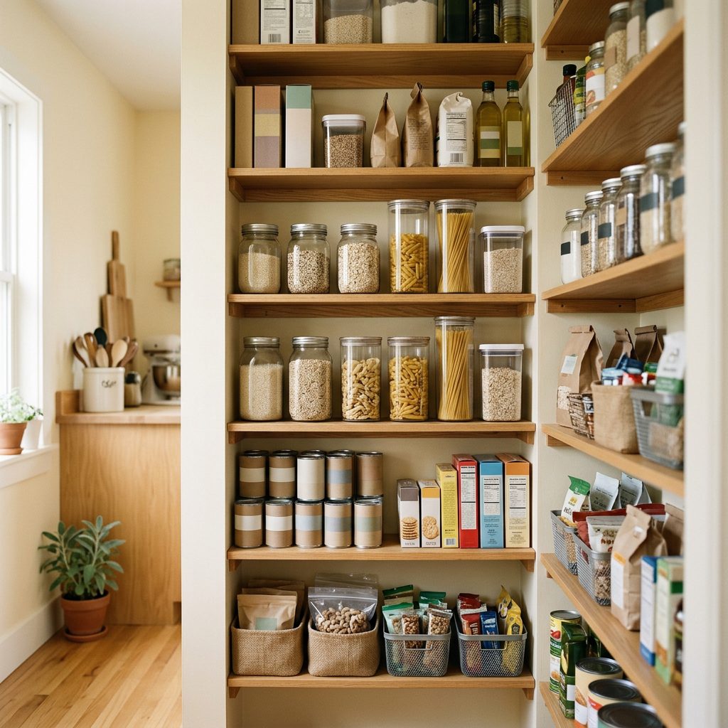 Small pantry organized with grouped food and practical storage