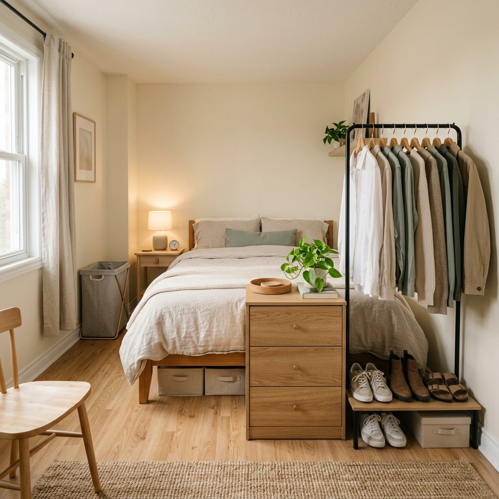 Renter-friendly bedroom storage without a closet