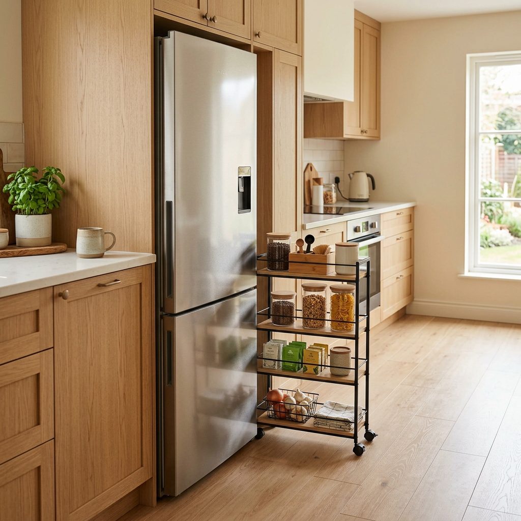 Slim rolling cart beside a refrigerator in a small kitchen