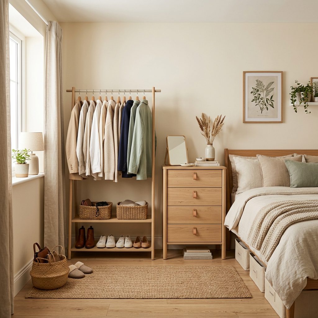 Small bedroom with no closet and organized clothes storage