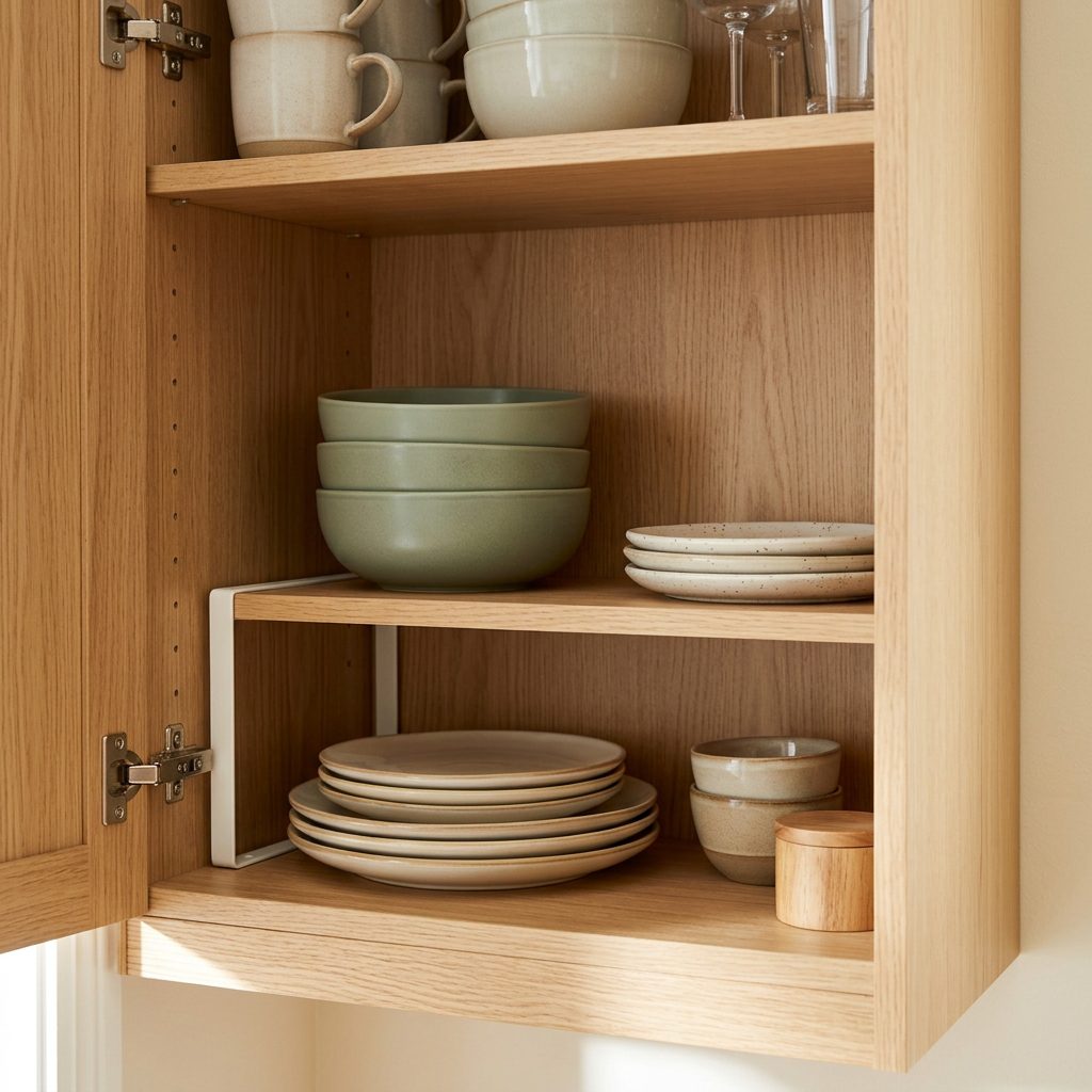 Shelf riser creating extra vertical storage inside a small kitchen cabinet