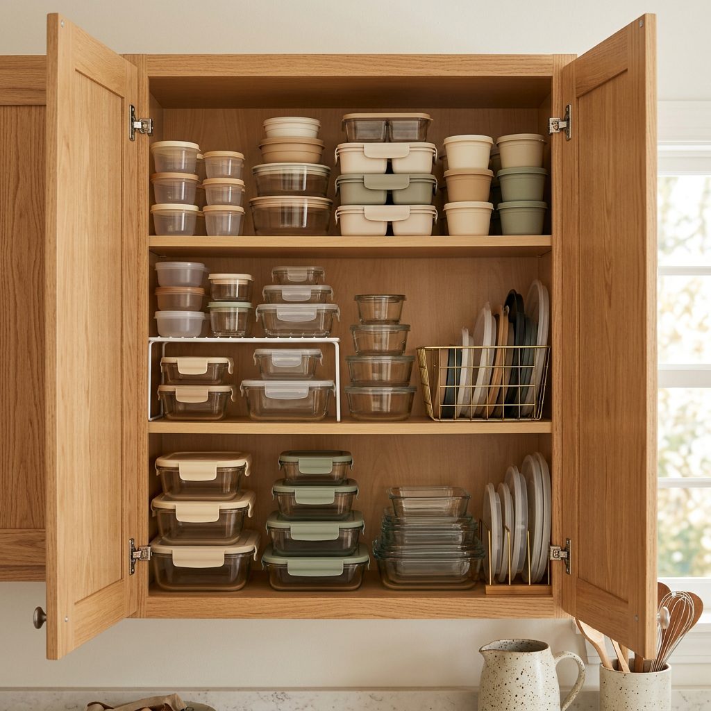 Small kitchen cabinet organized with food containers and lids