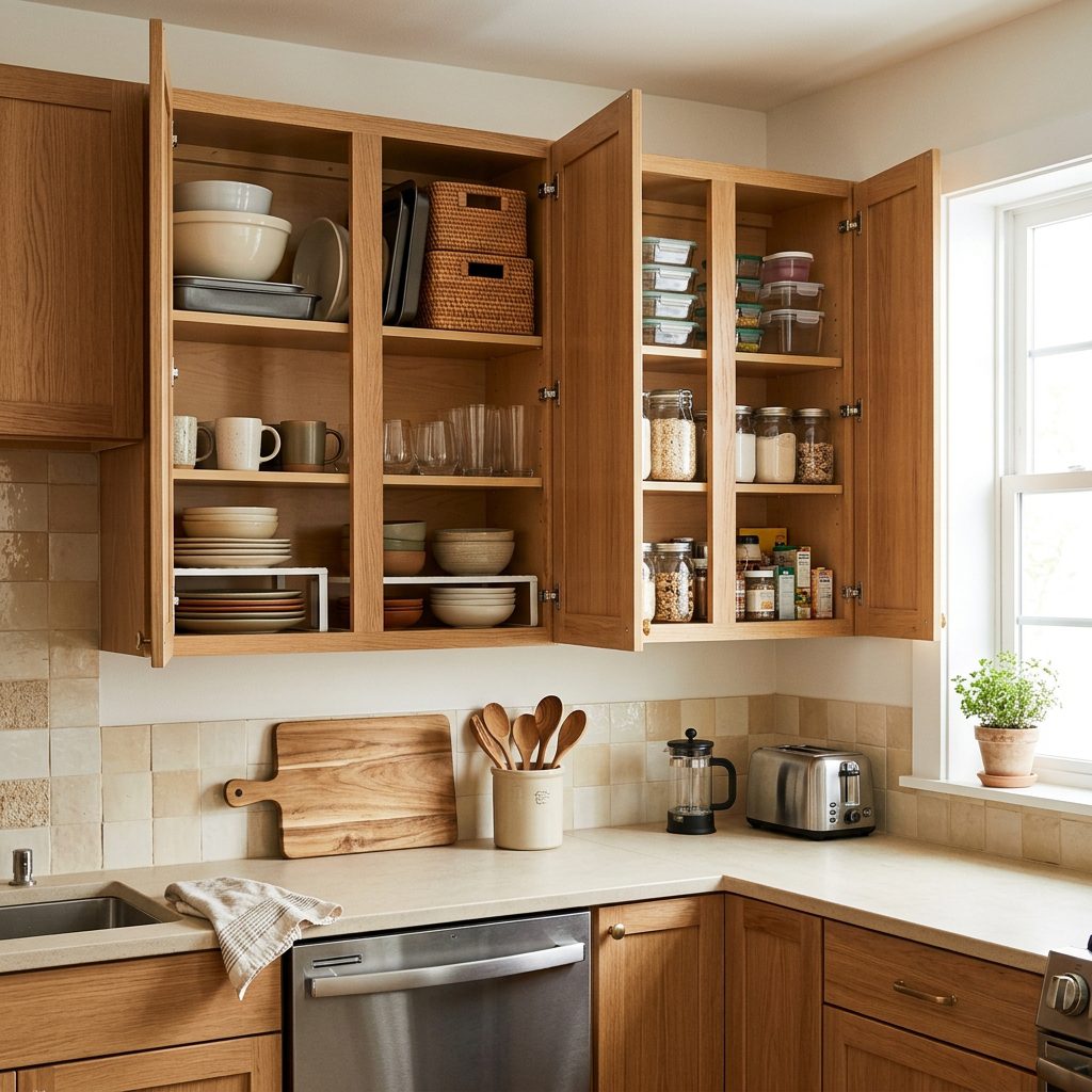 Small kitchen with organized cabinets and clear storage zones