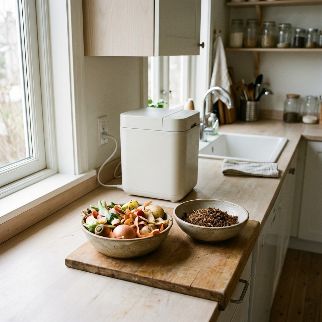 Food scraps and processed organic material beside a countertop food recycler.