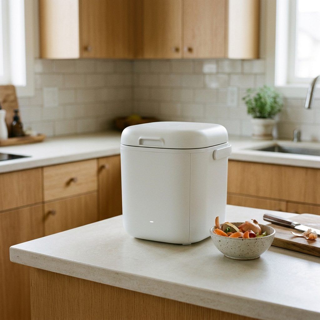 Compact electric food waste composter in a small apartment kitchen.