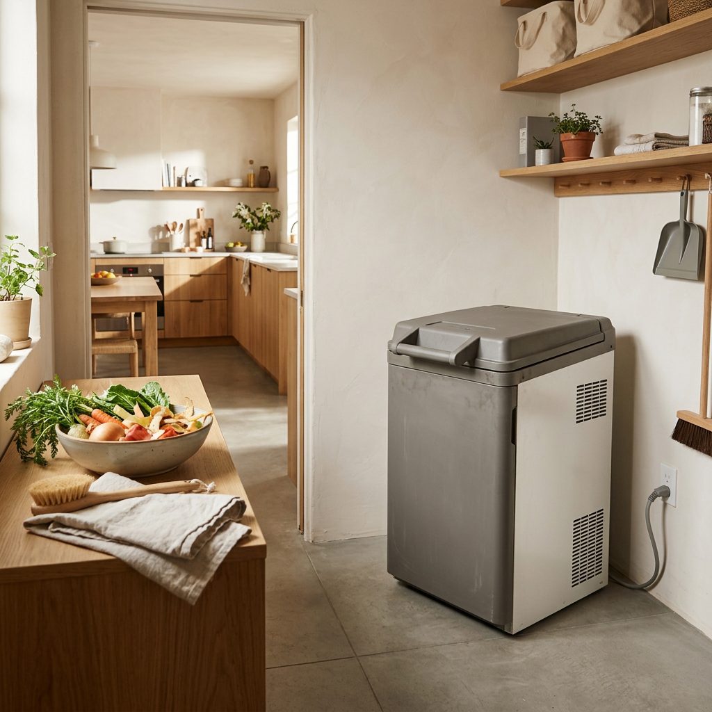 Enclosed indoor food waste processing appliance in a clean utility area.
