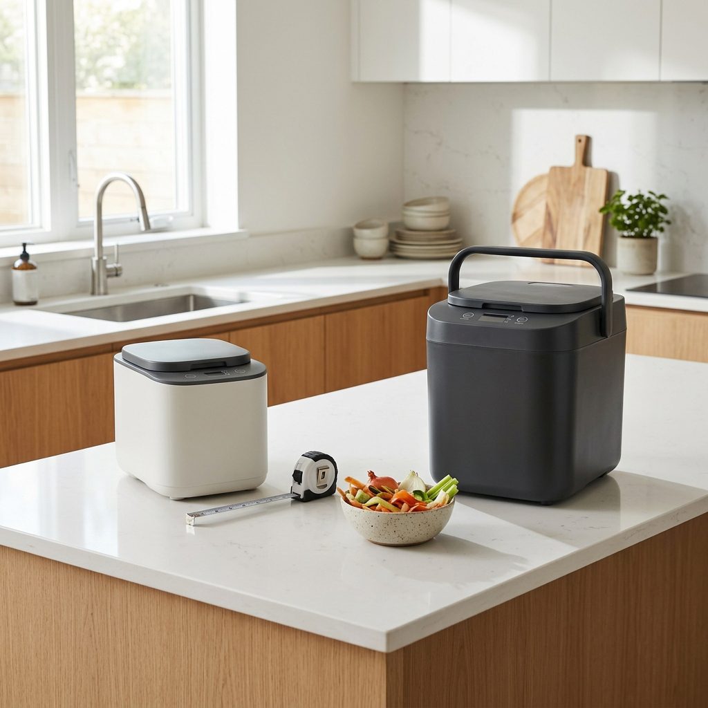 Two food waste appliances of different sizes on a kitchen countertop.