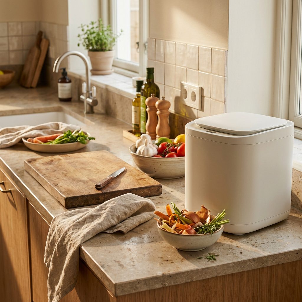 Organized kitchen counter with an electric composter and fresh food scraps.