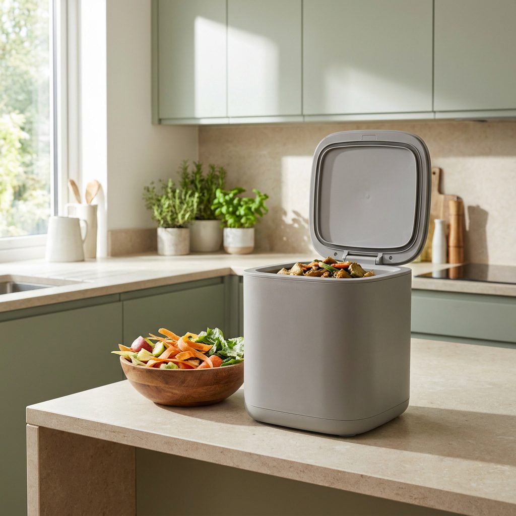 Countertop microbial composter beside fresh kitchen food scraps.