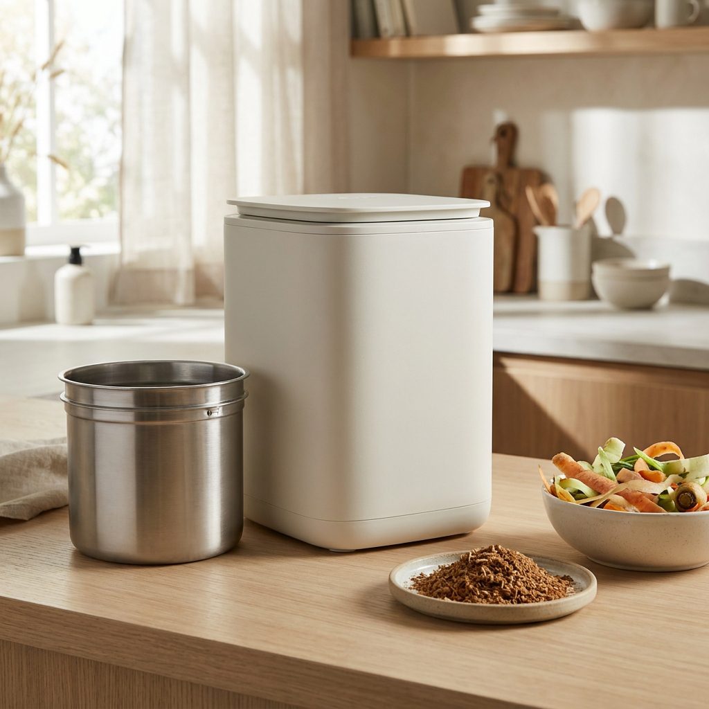 Kitchen food recycler with a removable container beside vegetable scraps.