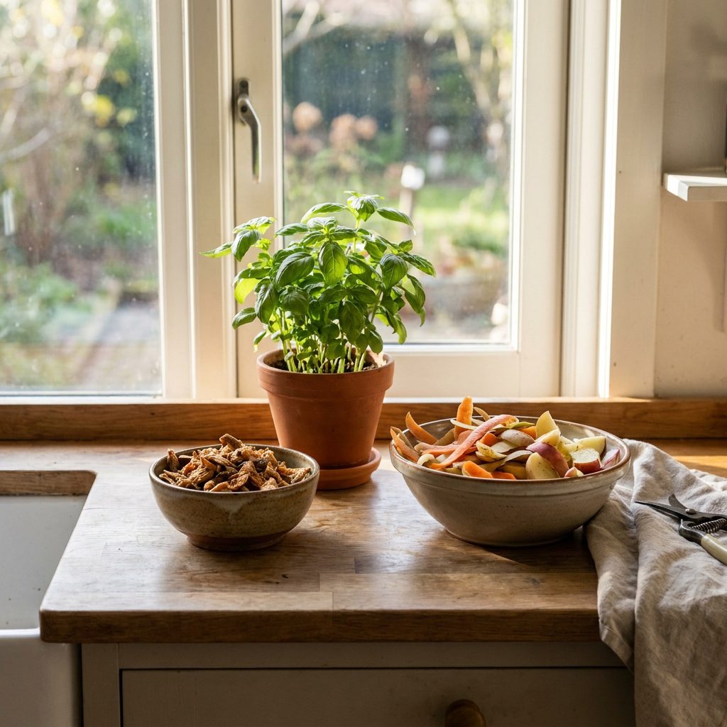 Processed food scraps beside a potted herb plant in a home kitchen.