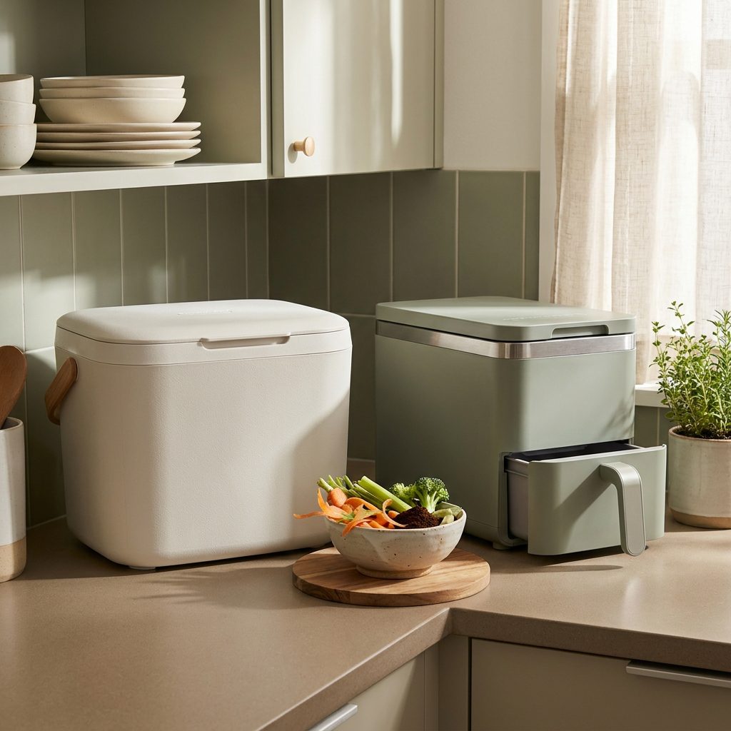 Two types of kitchen food-waste appliances on a countertop.
