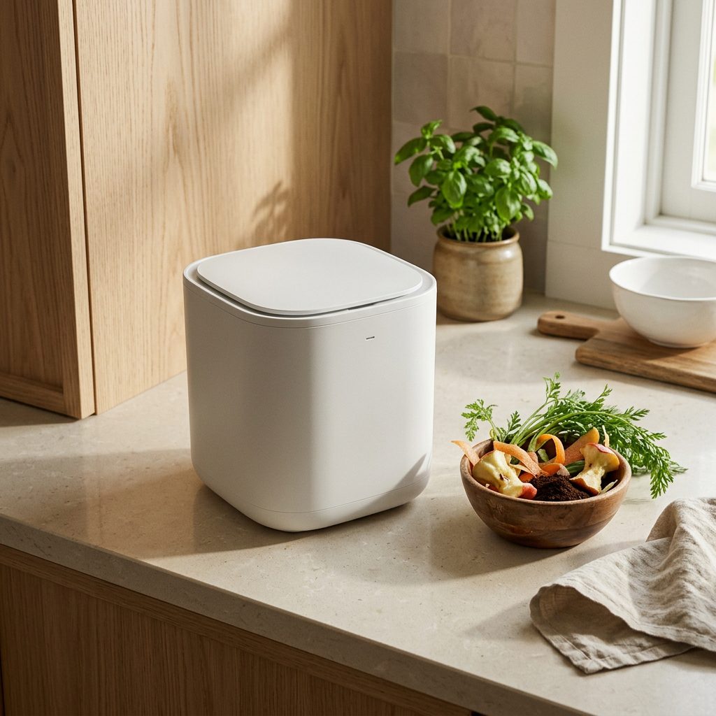 Electric food waste composter on a clean kitchen countertop.
