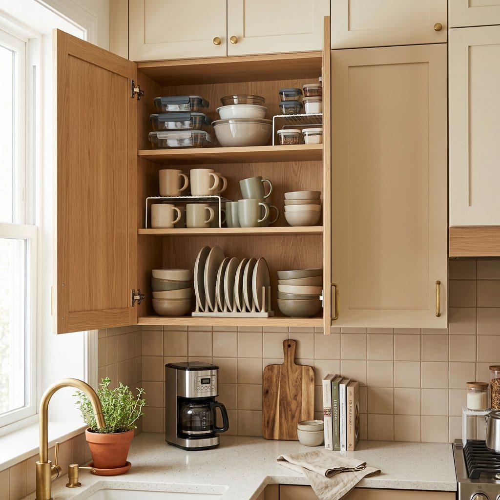 Organized small kitchen cabinets with practical storage solutions